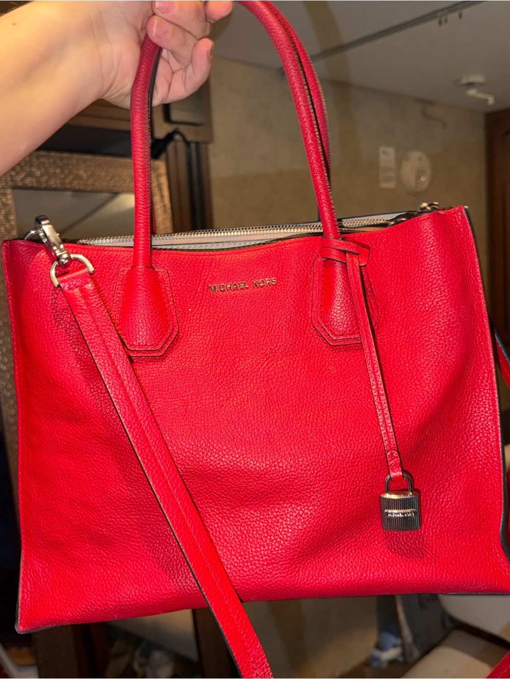 Michael Kors Bright Red Pebbled Leather Tote with Crossbody Strap
